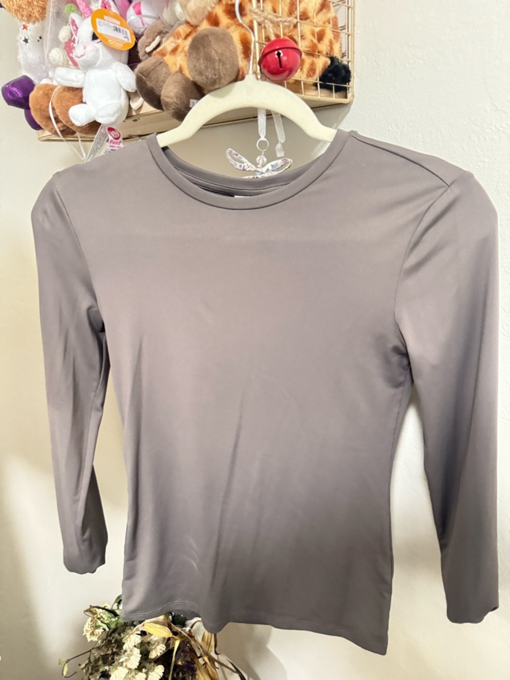 H&M Long Sleeve Crewneck Top in Taupe Gray
